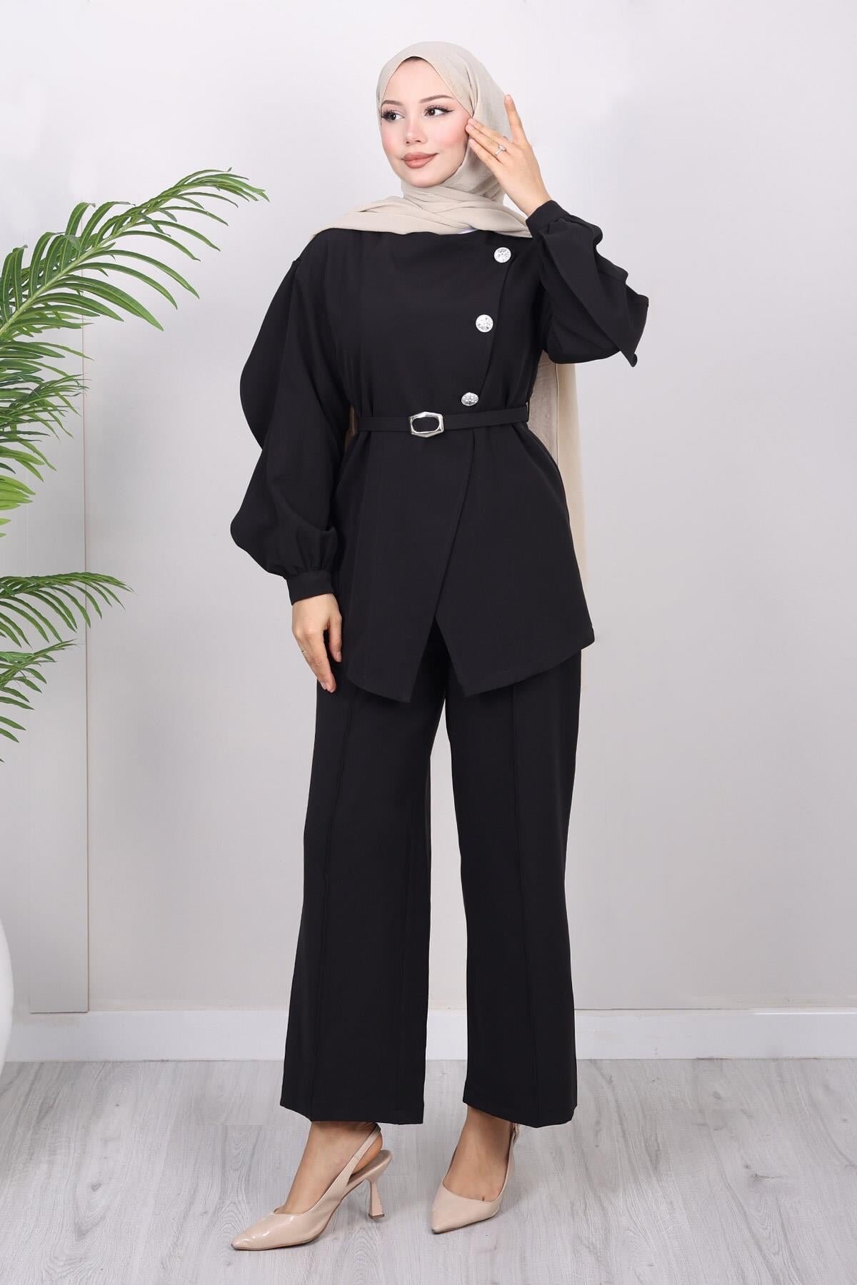 Cross-Buttoned Two-Piece Set - Black - Modamihram