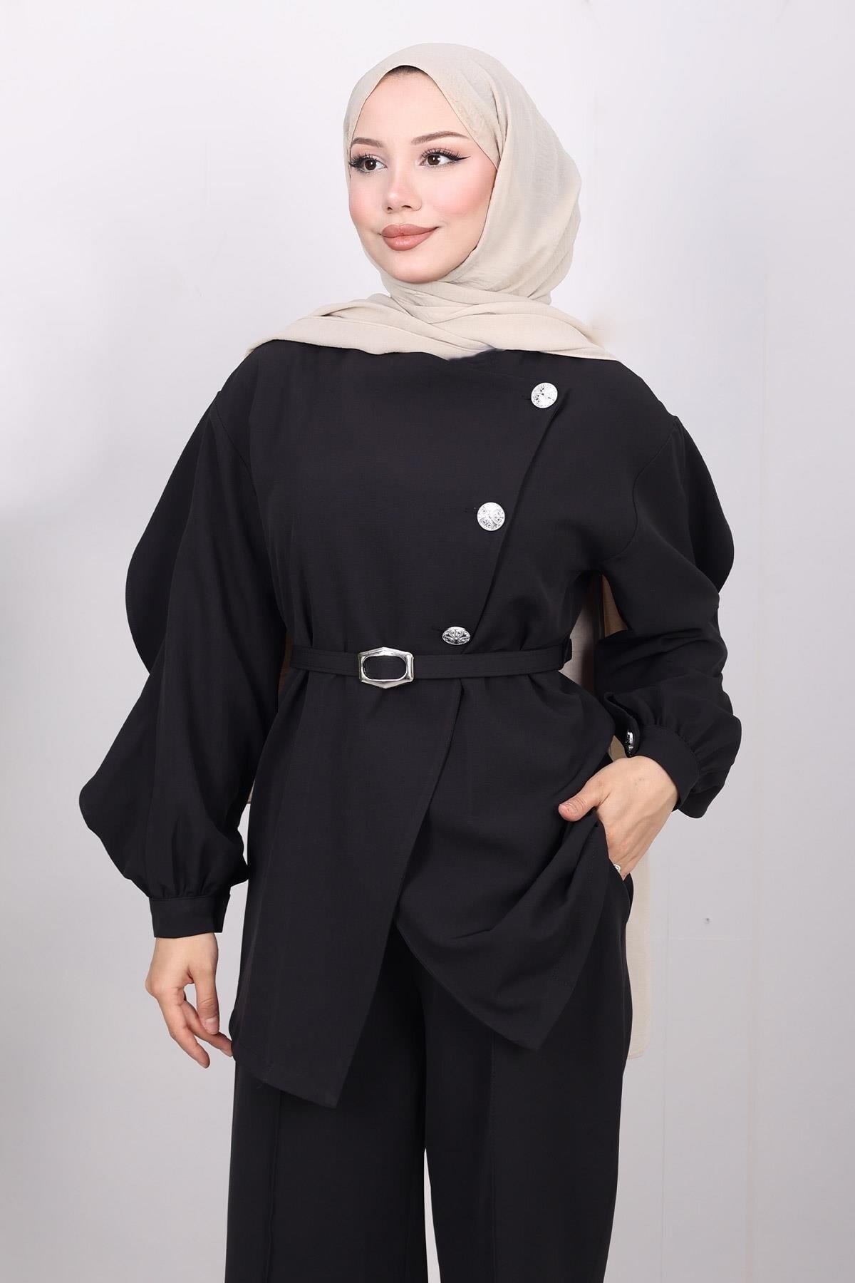 Cross-Buttoned Two-Piece Set - Black - Modamihram
