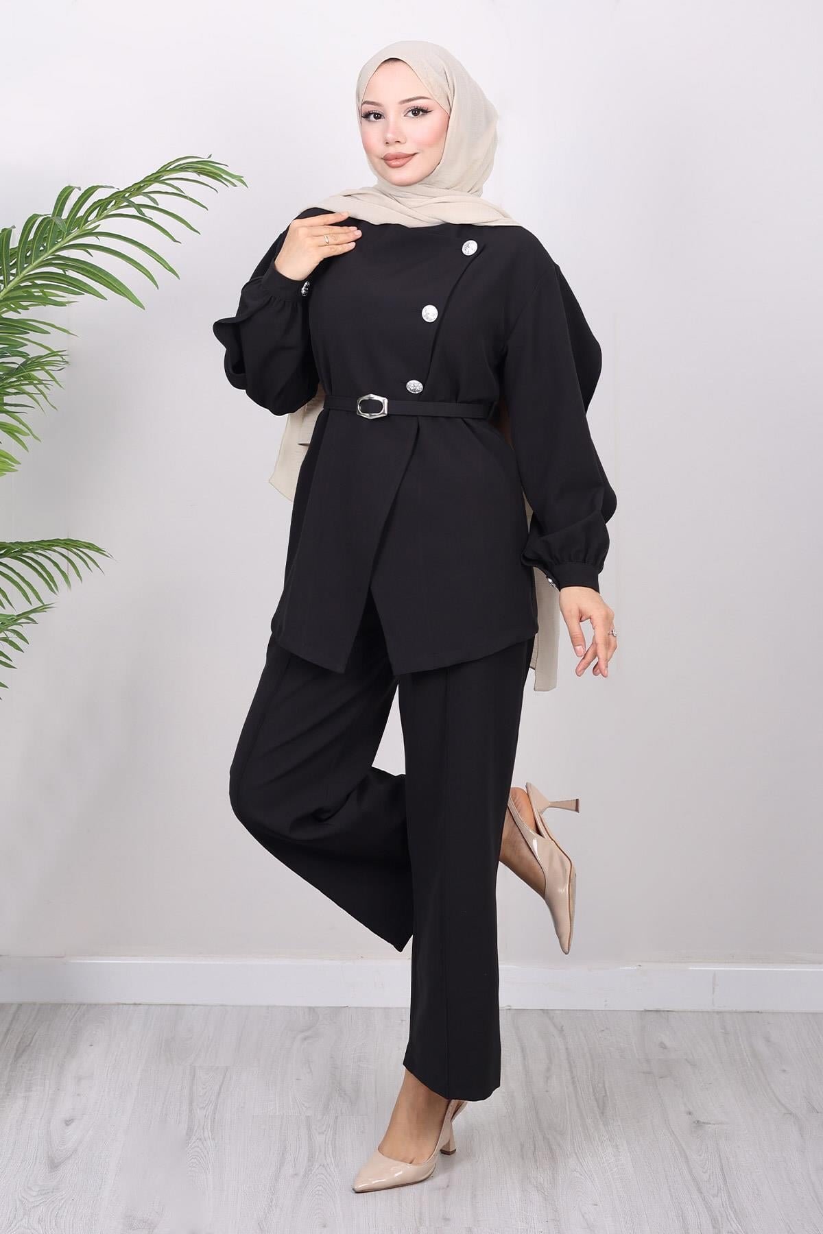 Cross-Buttoned Two-Piece Set - Black - Modamihram