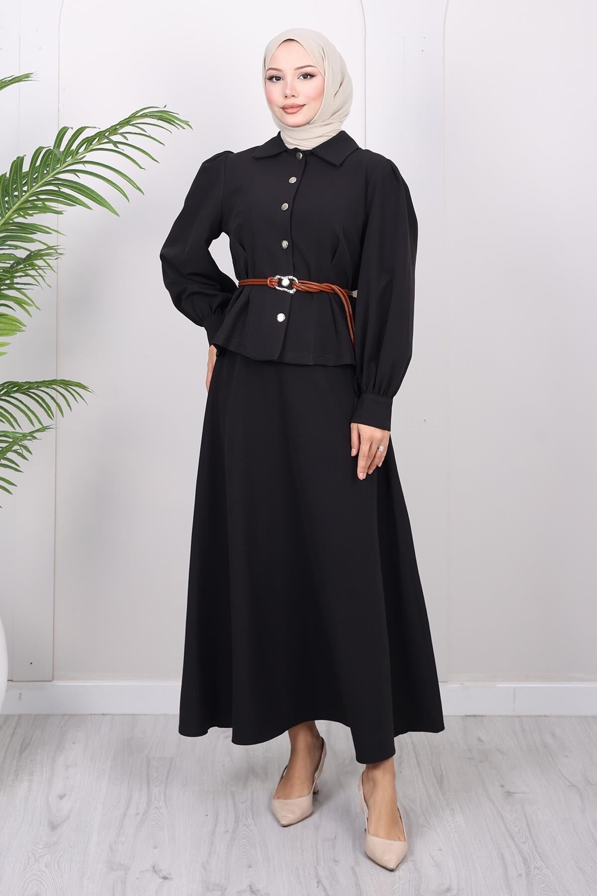 Belted Skirt Two-Piece Modest Set - Black - Modamihram