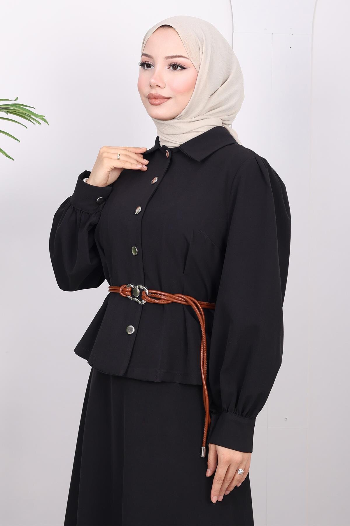 Belted Skirt Two-Piece Modest Set - Black - Modamihram