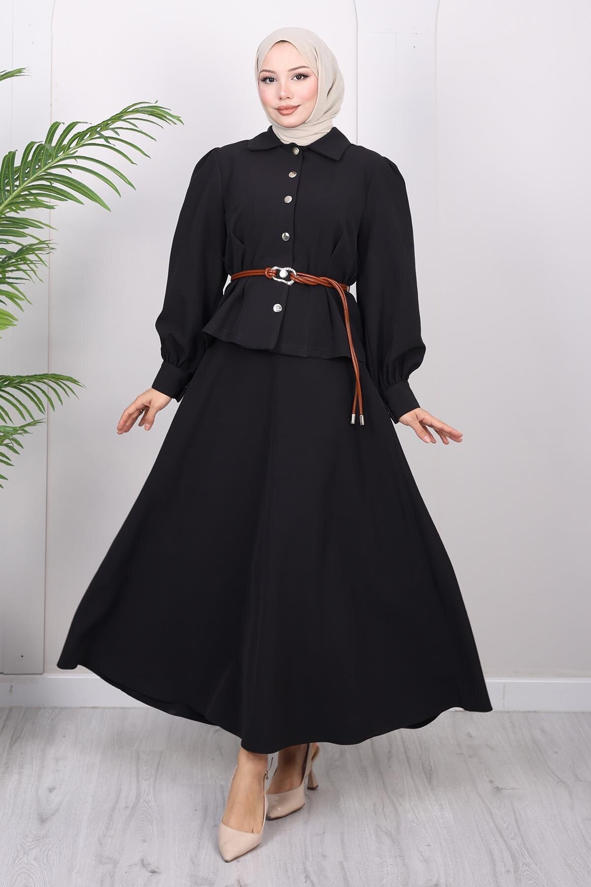 Belted Skirt Two-Piece Modest Set - Black - Modamihram
