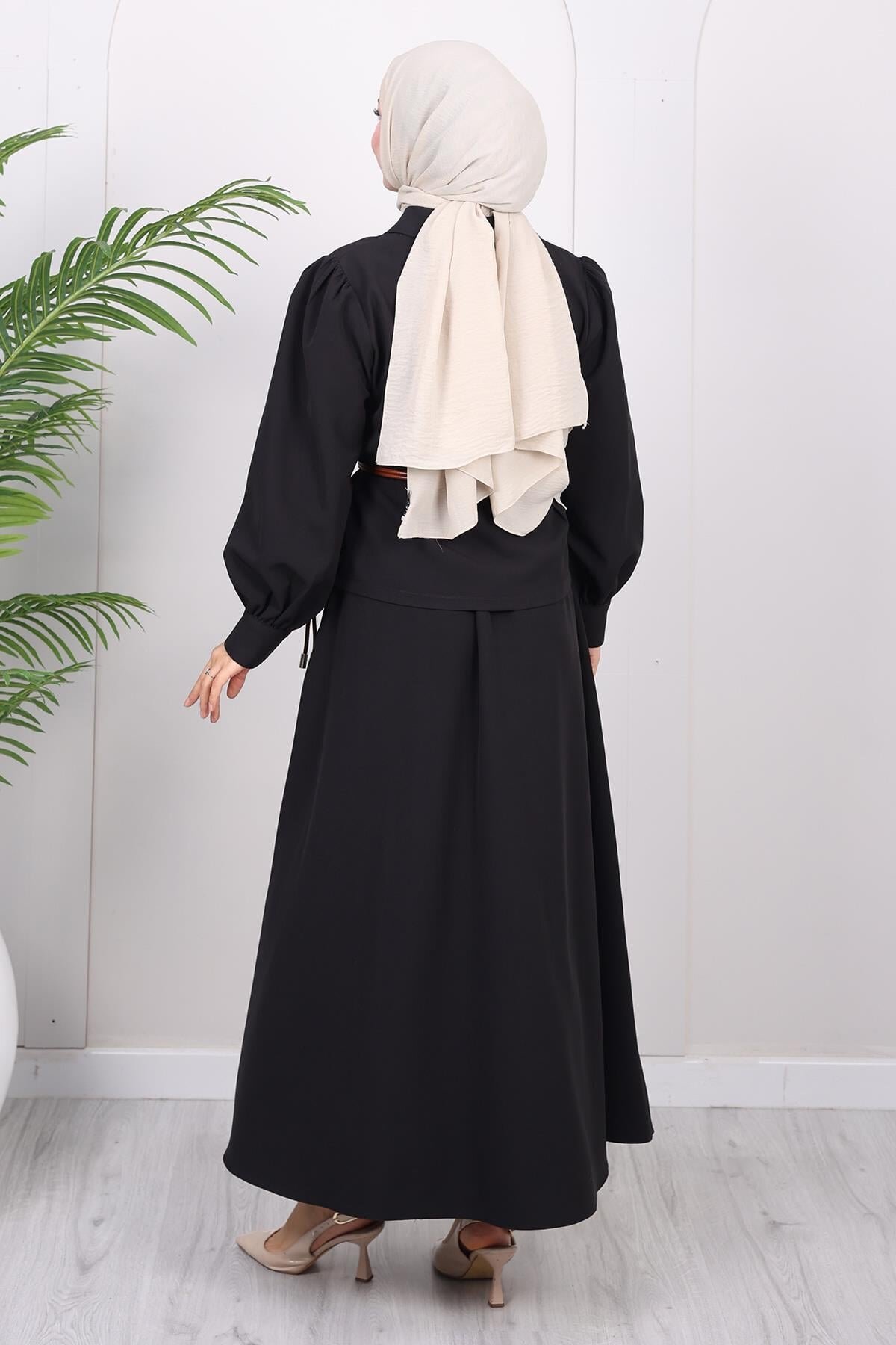 Belted Skirt Two-Piece Modest Set - Black - Modamihram