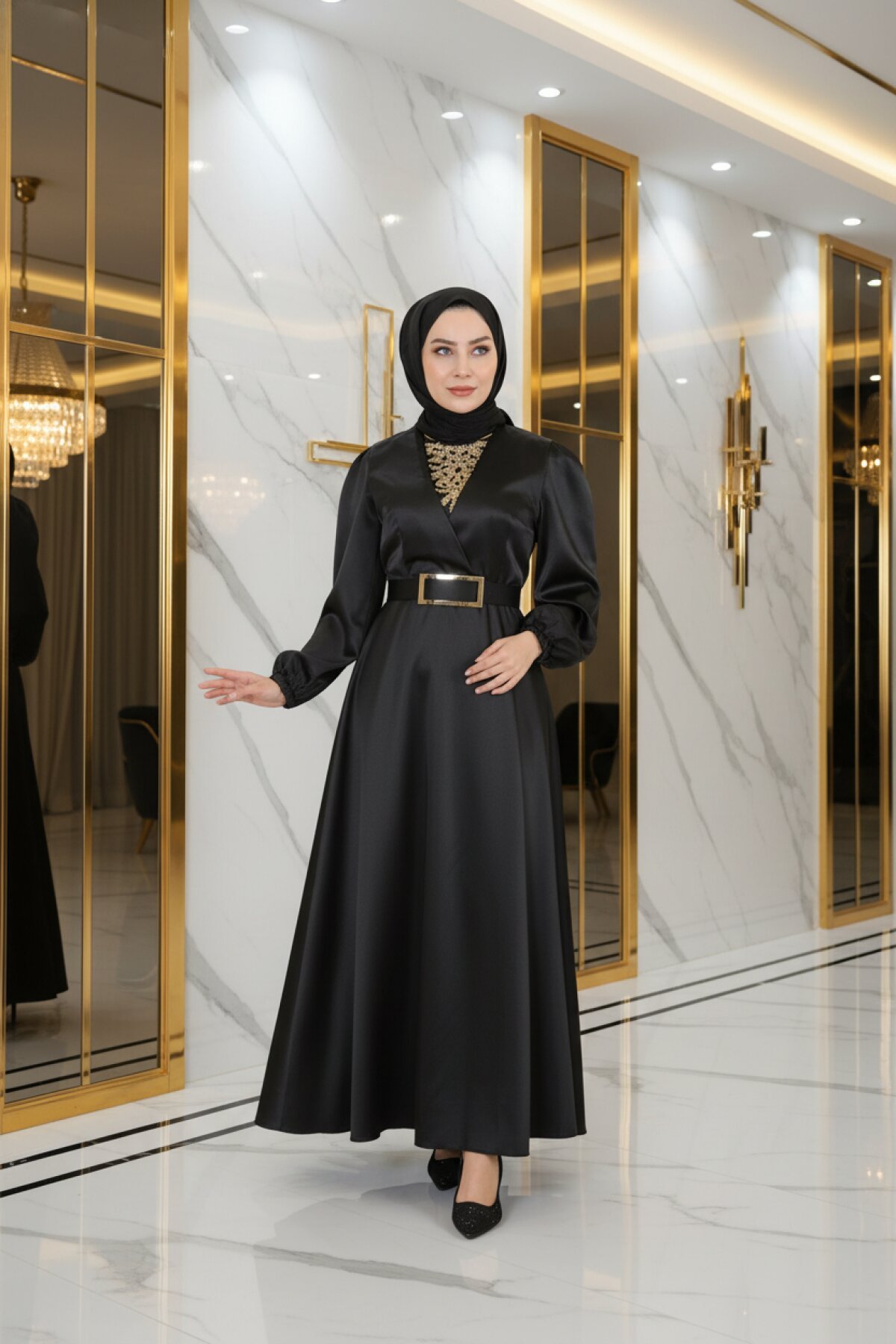 Siyah Saten Taş Detaylı Abiye Elbise - Modamihram