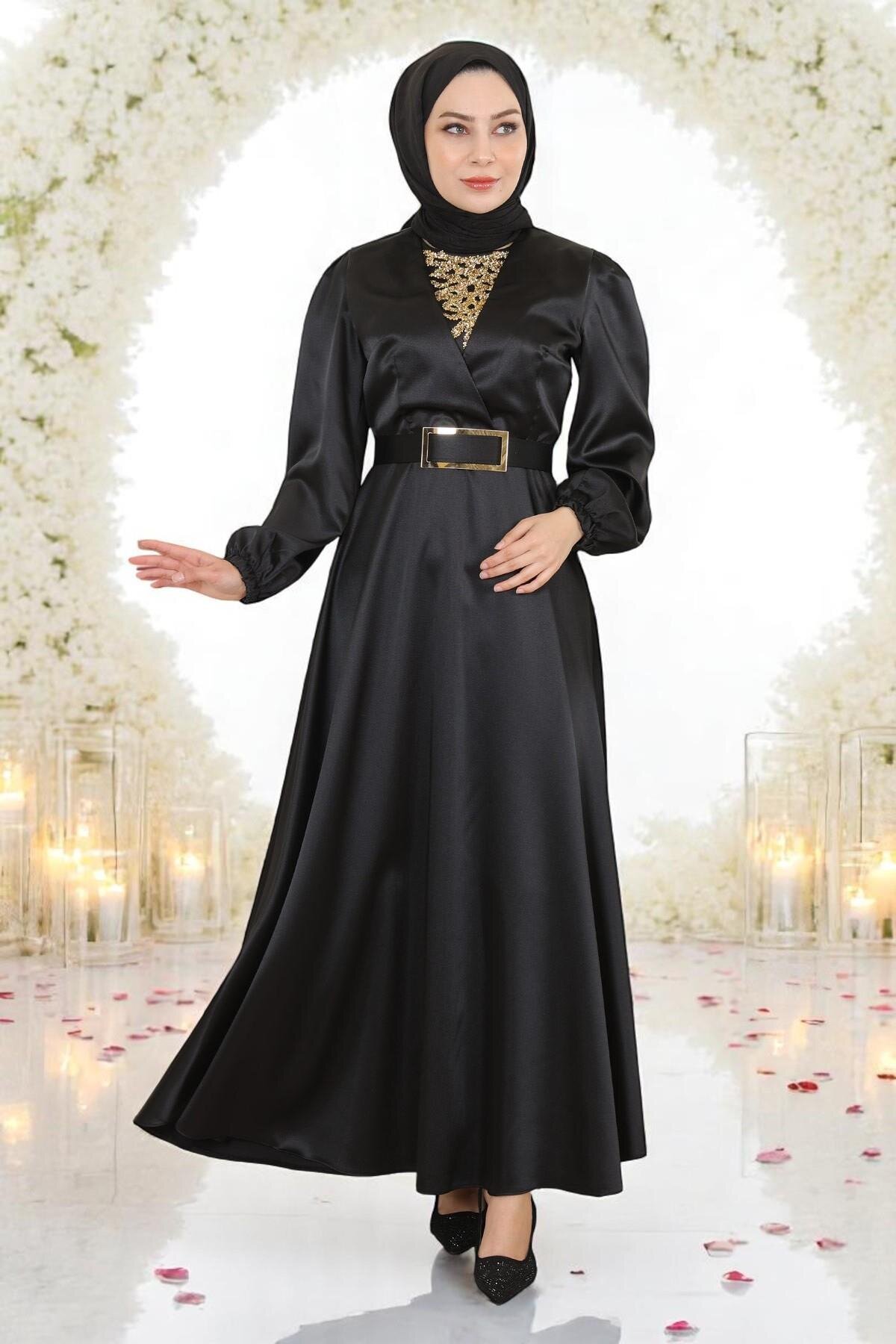 Satin Stone-Detailed Evening Dress - Black - Modamihram