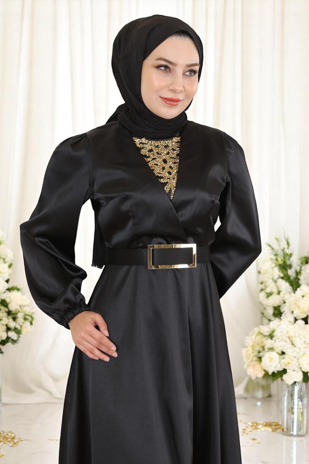 Satin Stone-Detailed Evening Dress - Black - Modamihram