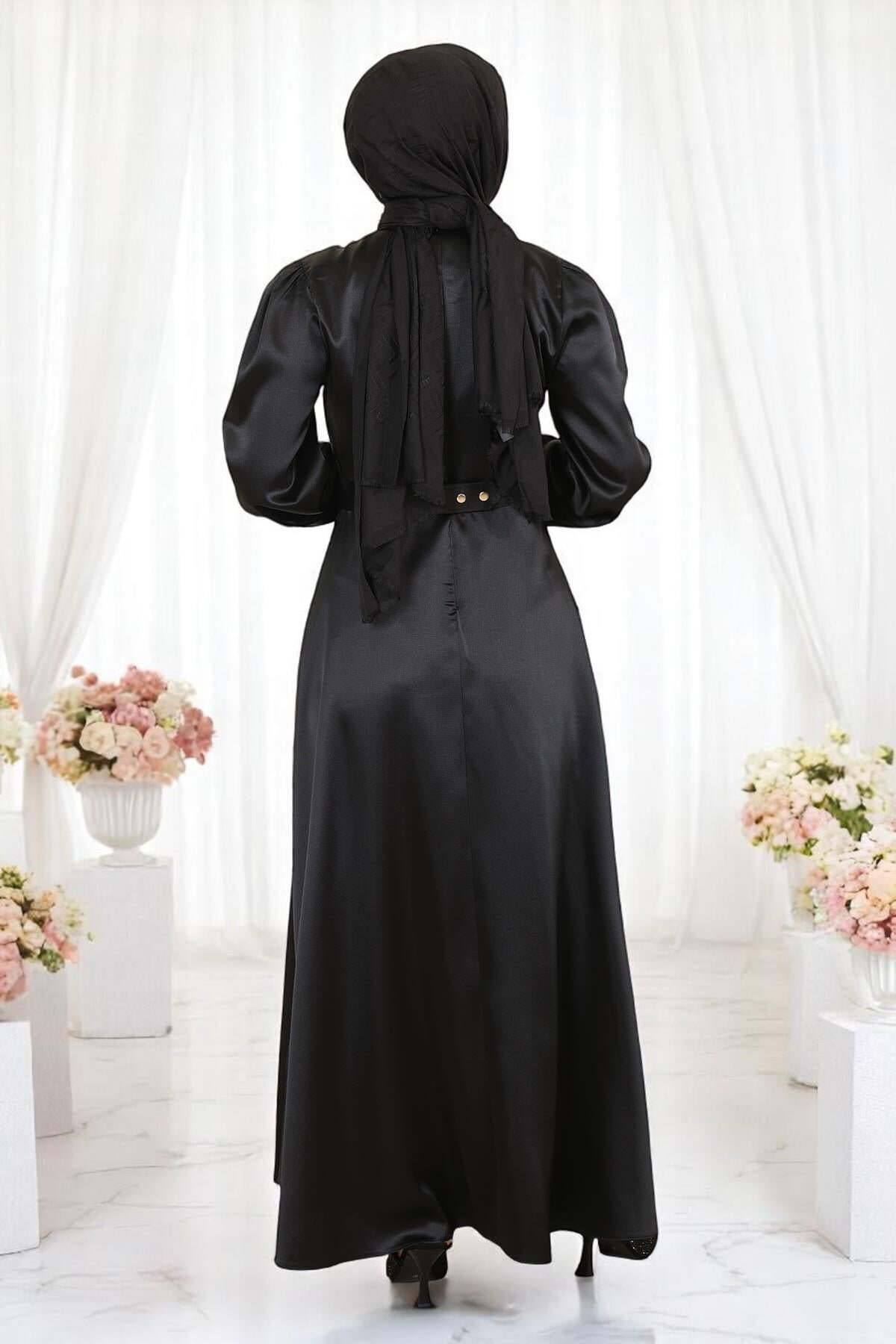 Satin Stone-Detailed Evening Dress - Black - Modamihram