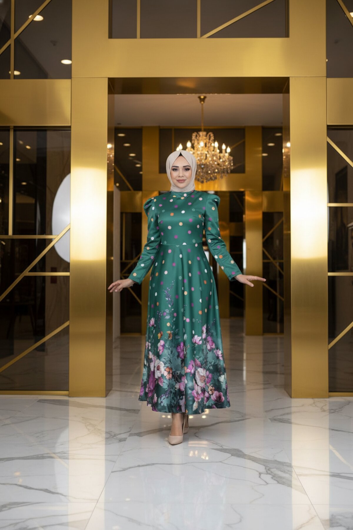 Zümrüt Çiçekli Puantiyeli Saten Abiye Elbise - Modamihram