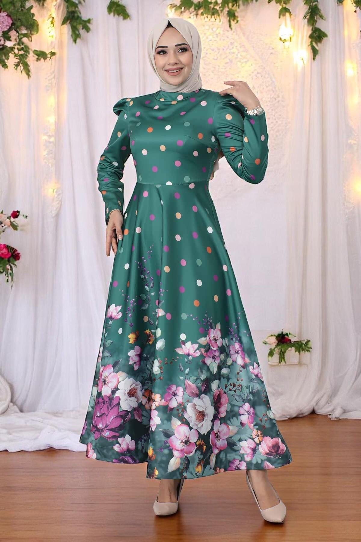 Zümrüt Çiçekli Puantiyeli Saten Abiye Elbise - Modamihram