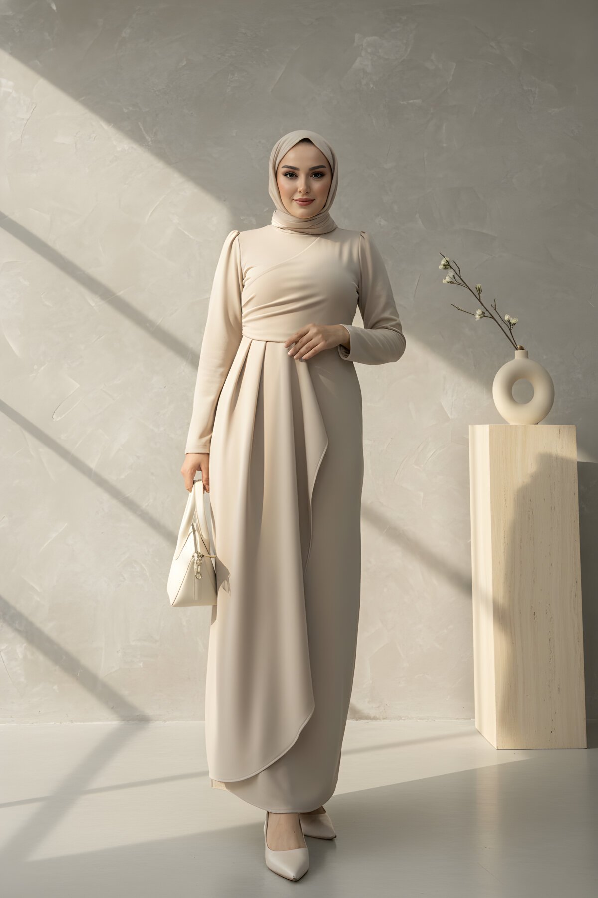 Bej Scuba Özel Tasarım Elbise - Modasusev