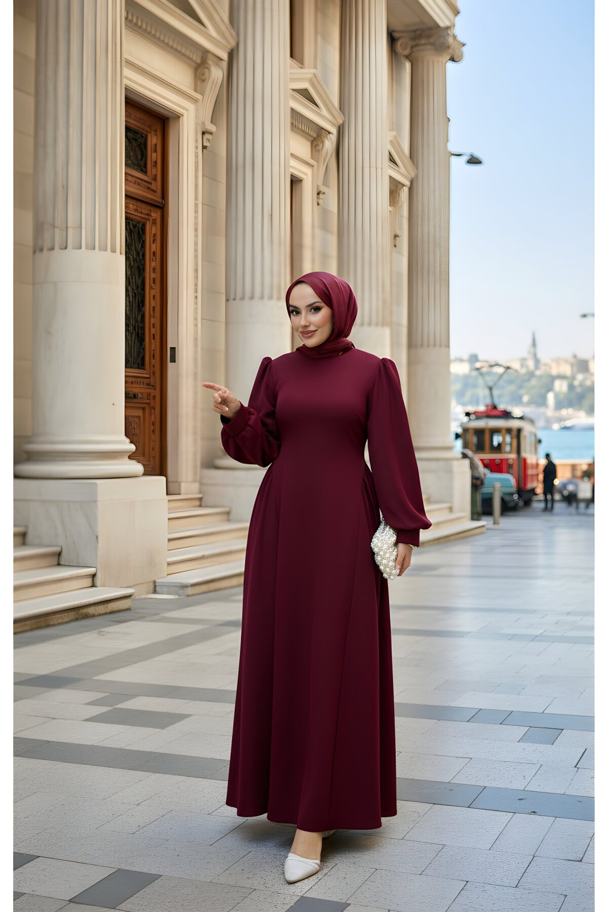 Bordo Belden Bağlamalı Balon Kol Abiye Elbise - Modasusev