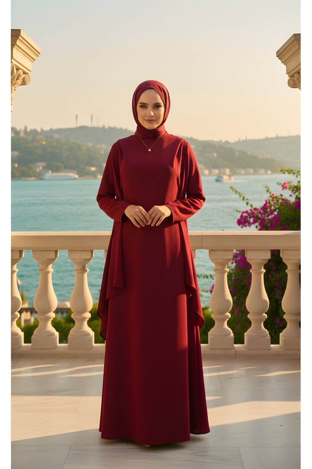 Bordo Kuyruklu Krep Drape Detaylı Abiye Elbise - Modasusev
