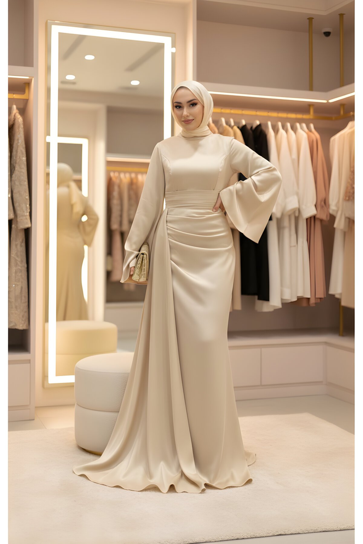 Ekru Kuyruklu Saten İspanyol Kol Abiye Elbise - Modasusev