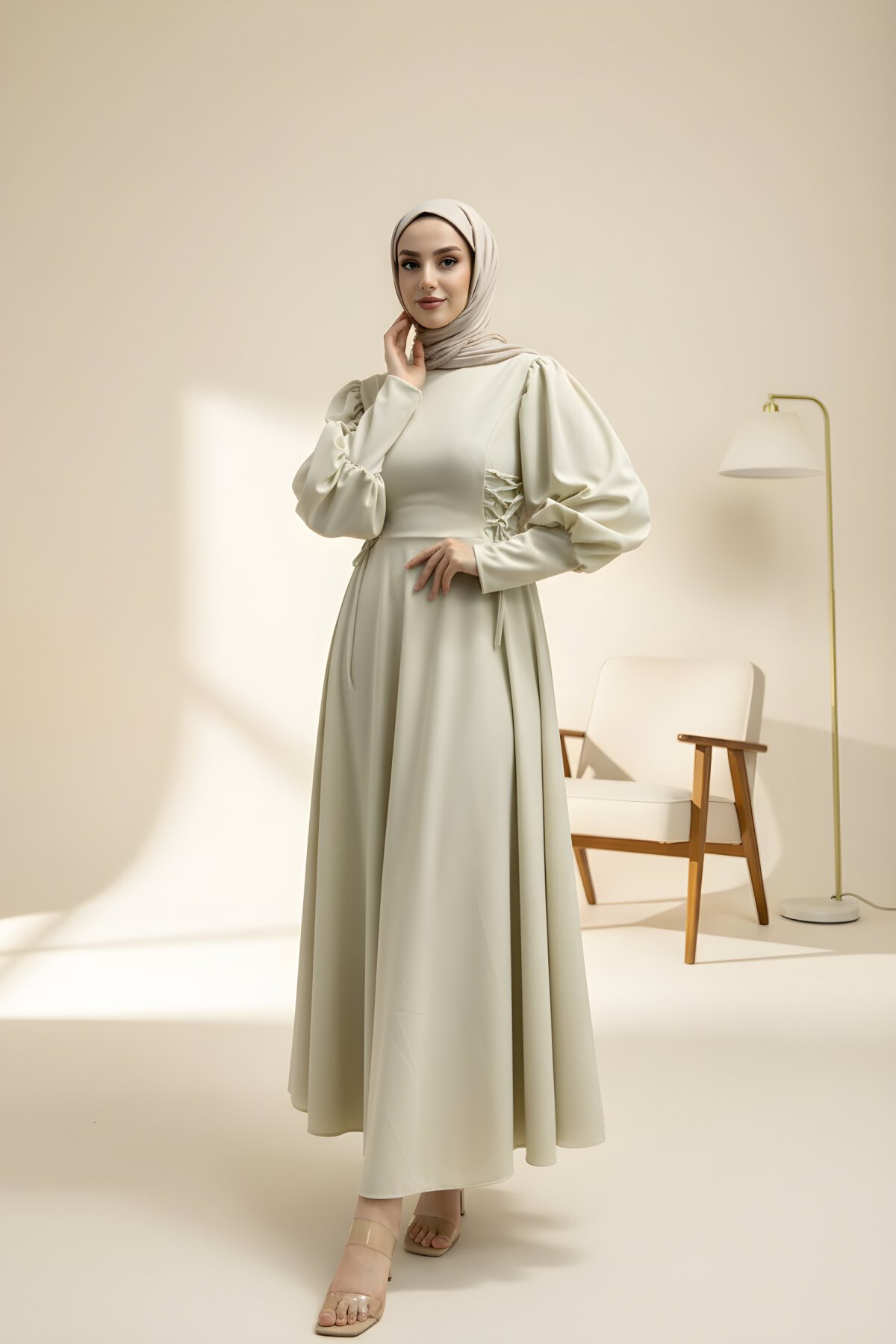 Krem Balon Kol Belden İp Detaylı Elbise - Modasusev