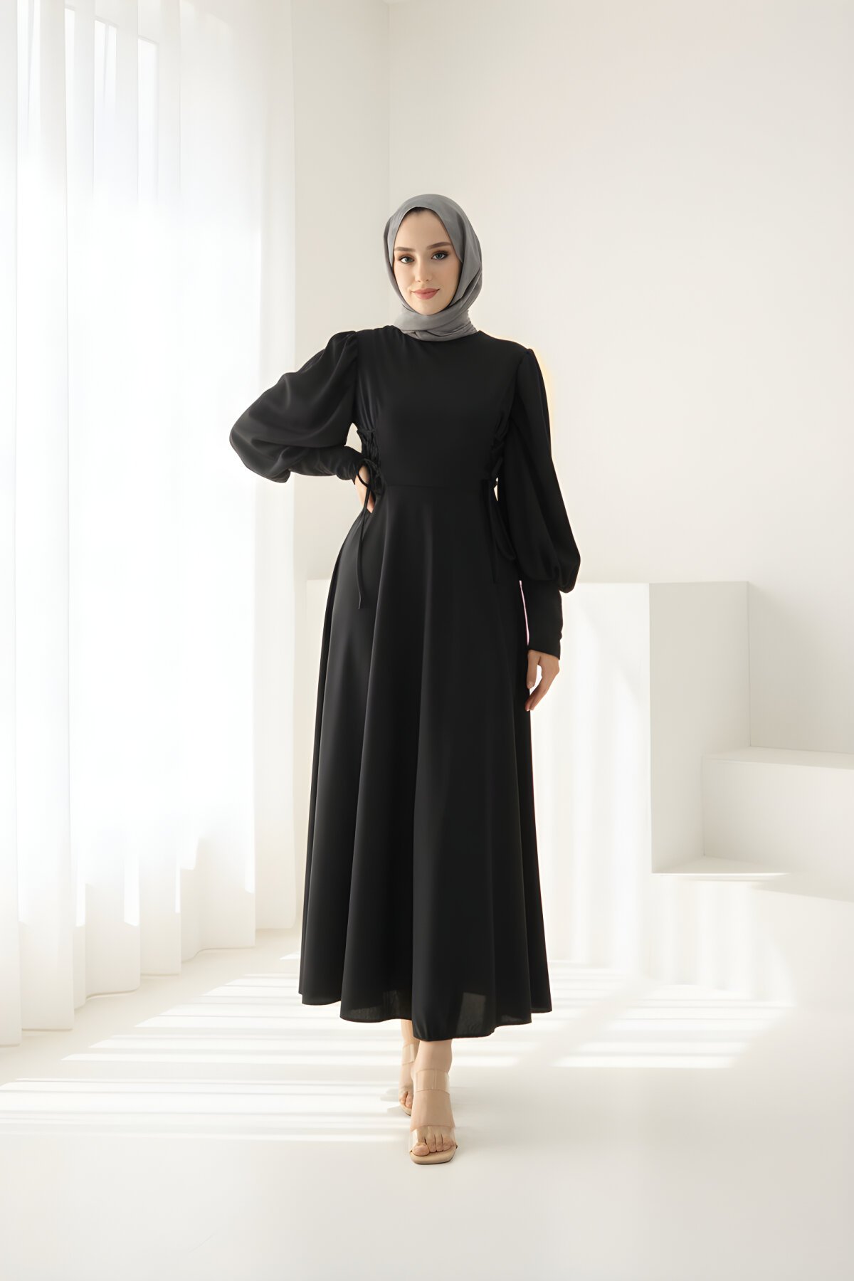 Siyah Balon Kol Belden İp Detaylı Elbise - Modasusev