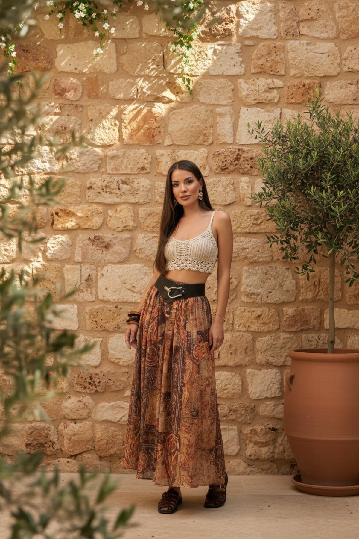 Kahverengi Etnik Desenli Kemerli Etek - MOZENA