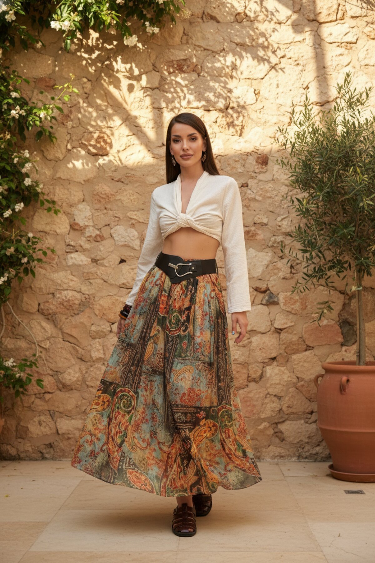 Yeşil Etnik Desenli Kemerli Etek - MOZENA