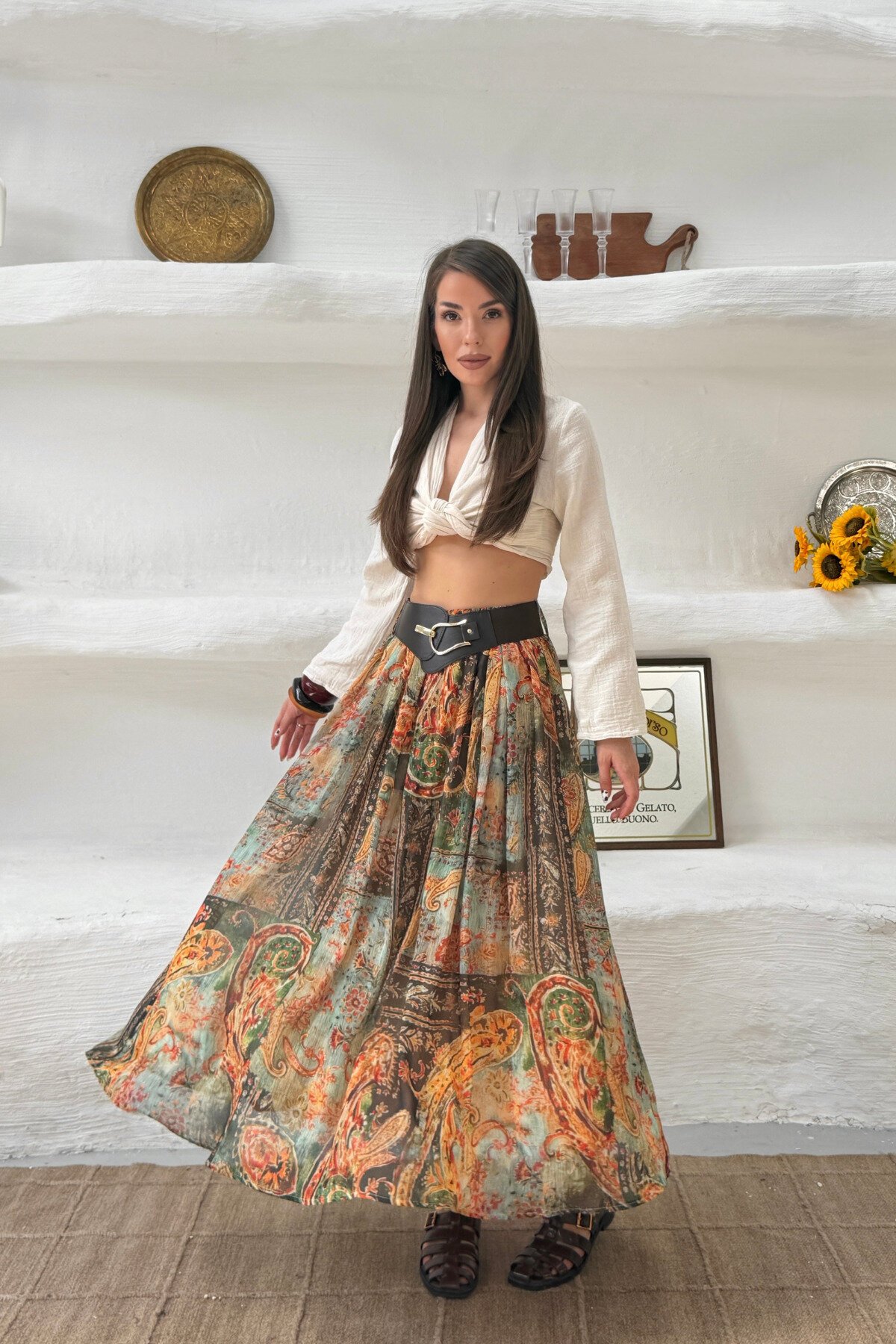 Ethnic Patterned Belted Skirt - Green - MOZENA