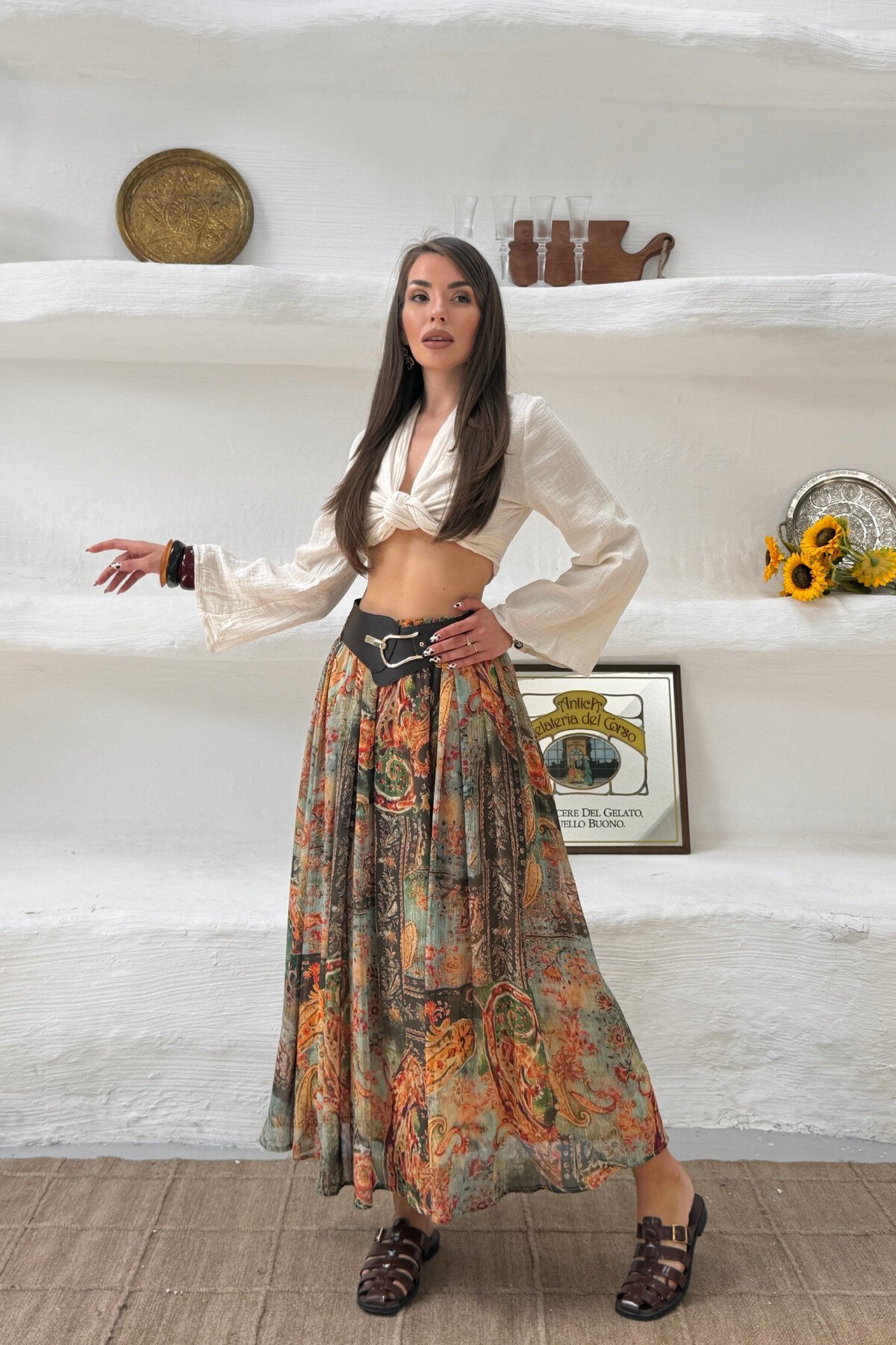Ethnic Patterned Belted Skirt - Green - MOZENA