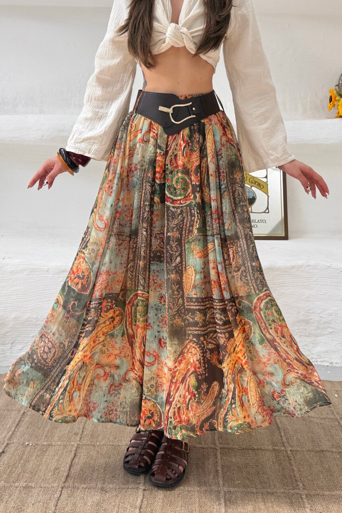 Ethnic Patterned Belted Skirt - Green - MOZENA