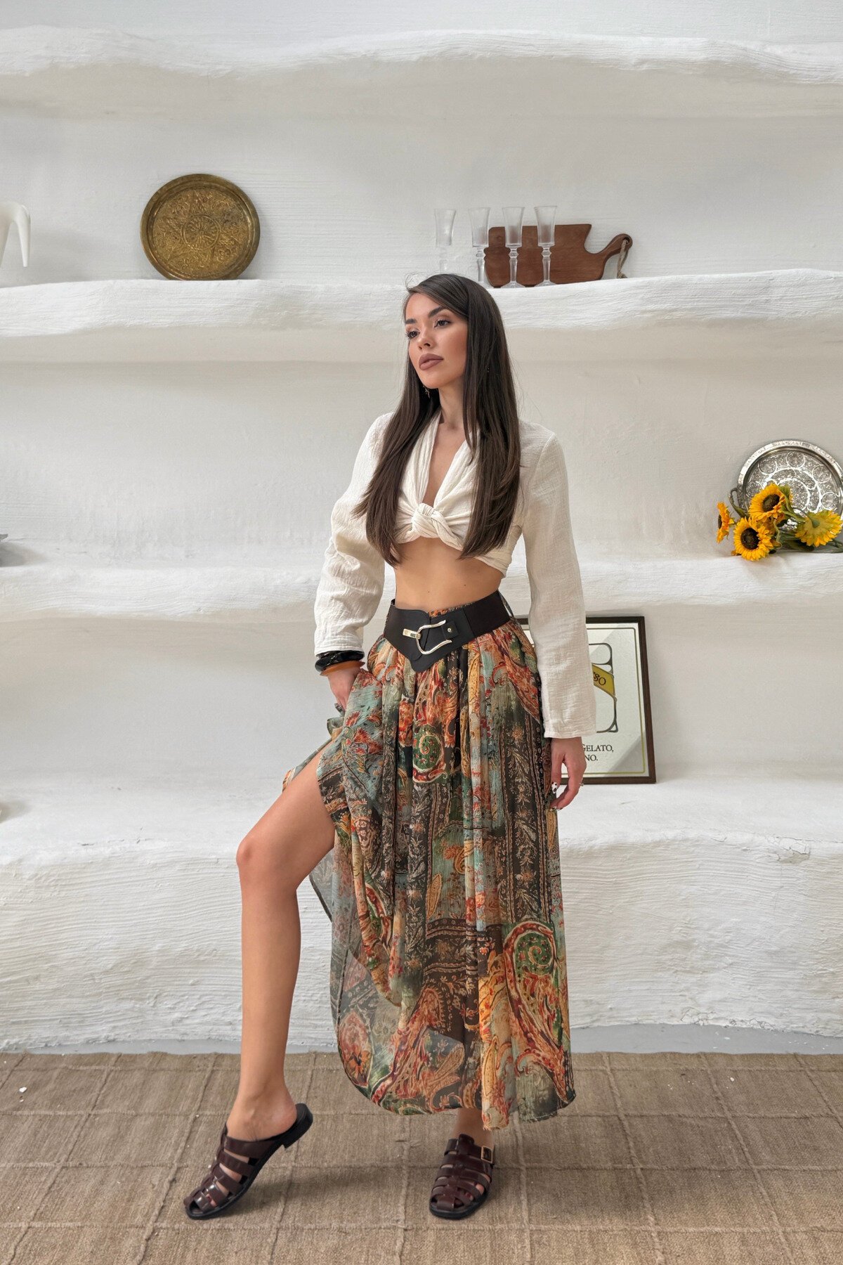 Ethnic Patterned Belted Skirt - Green - MOZENA