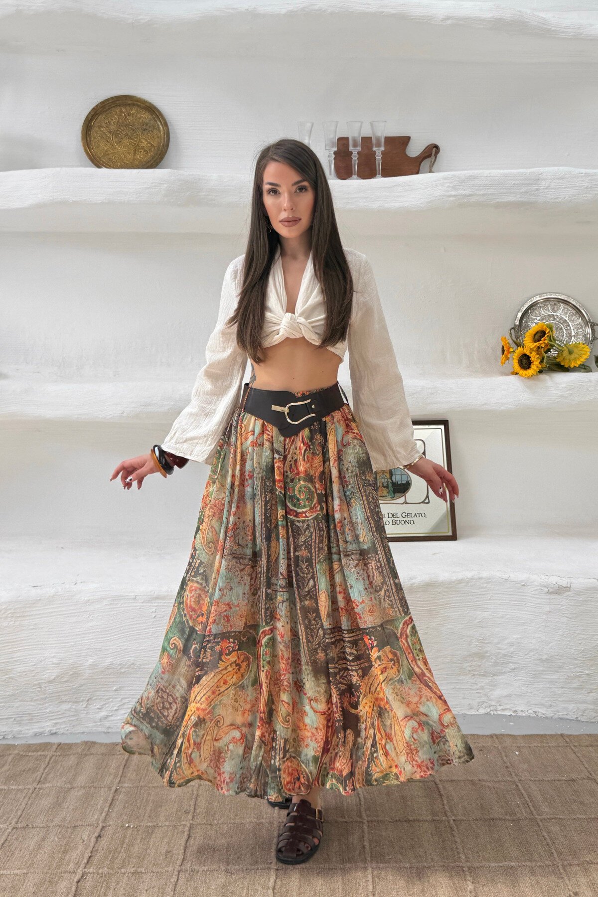 Ethnic Patterned Belted Skirt - Green - MOZENA