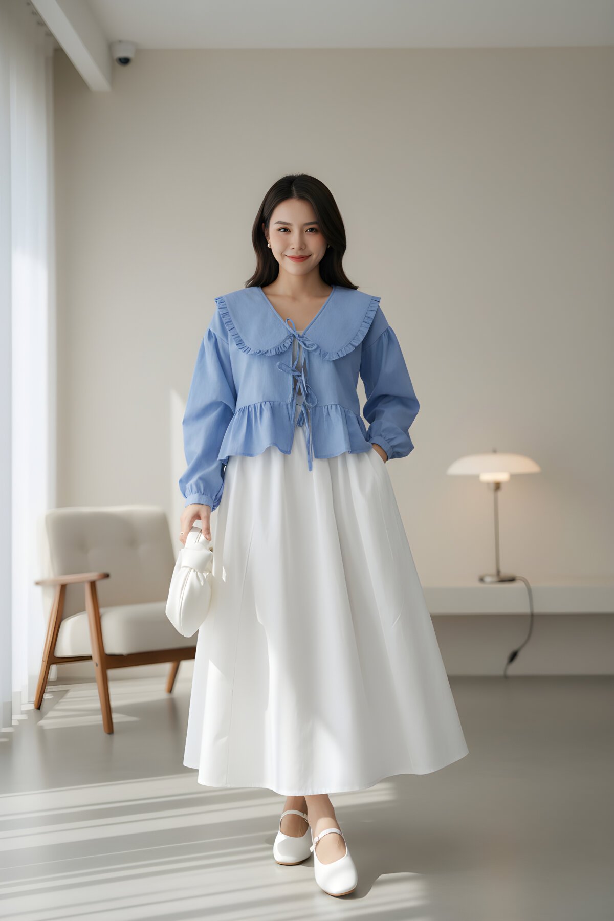 تنورة بيضاء بوبلين بخصر مطاطي بجيبين - Safgiyim44