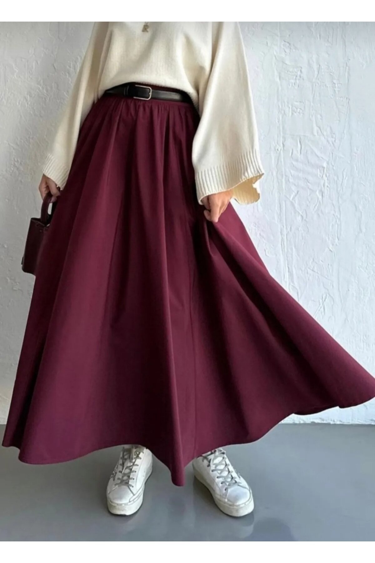 Poplin Elastic-Waist Double-Pocket Skirt - Burgundy - Safgiyim44