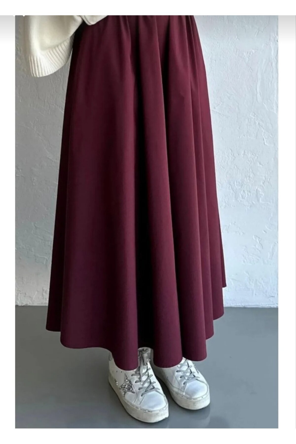 Poplin Elastic-Waist Double-Pocket Skirt - Burgundy - Safgiyim44