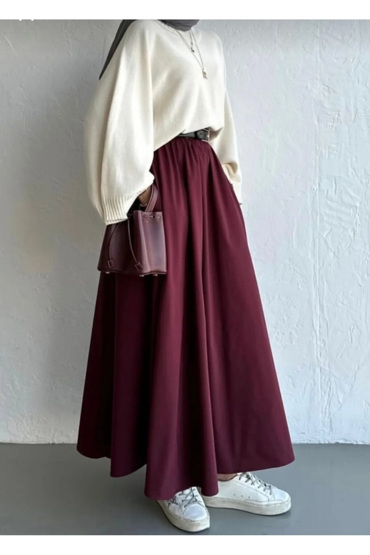 Poplin Elastic-Waist Double-Pocket Skirt - Burgundy - Safgiyim44