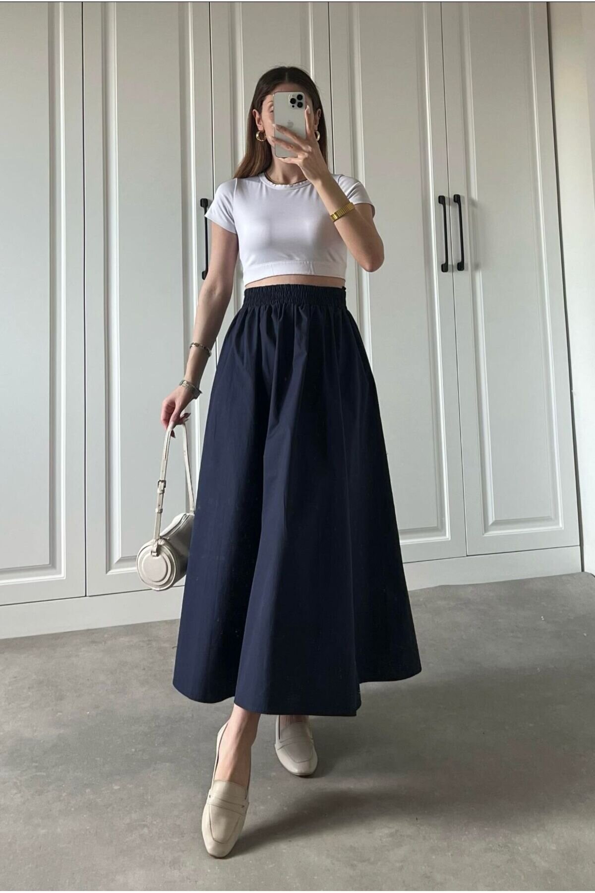 Elastic-Waist Poplin Double-Pocketed Skirt - Navy Blue - Safgiyim44