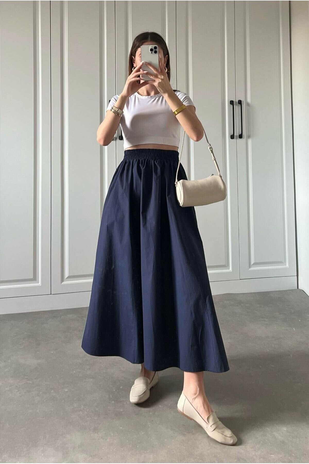 Elastic-Waist Poplin Double-Pocketed Skirt - Navy Blue - Safgiyim44