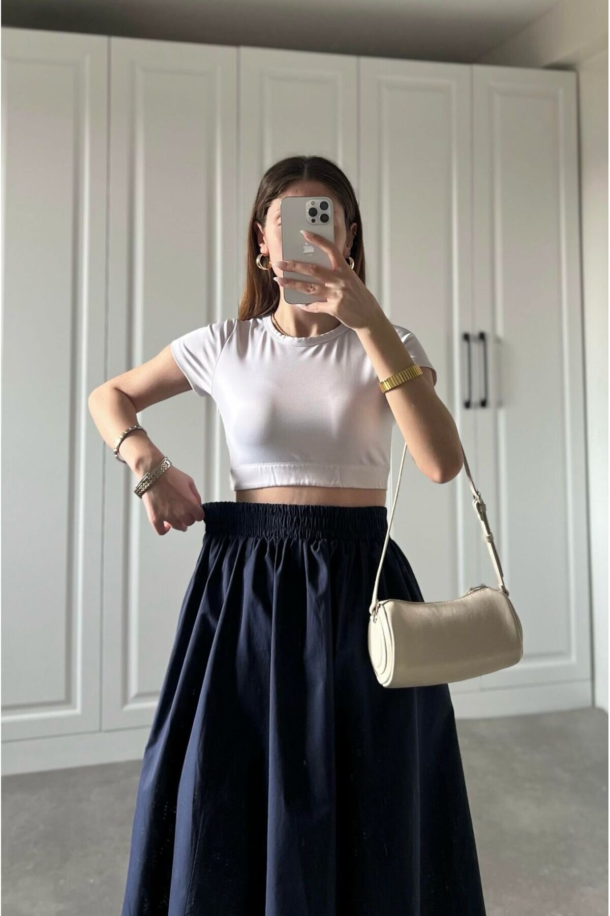 Elastic-Waist Poplin Double-Pocketed Skirt - Navy Blue - Safgiyim44