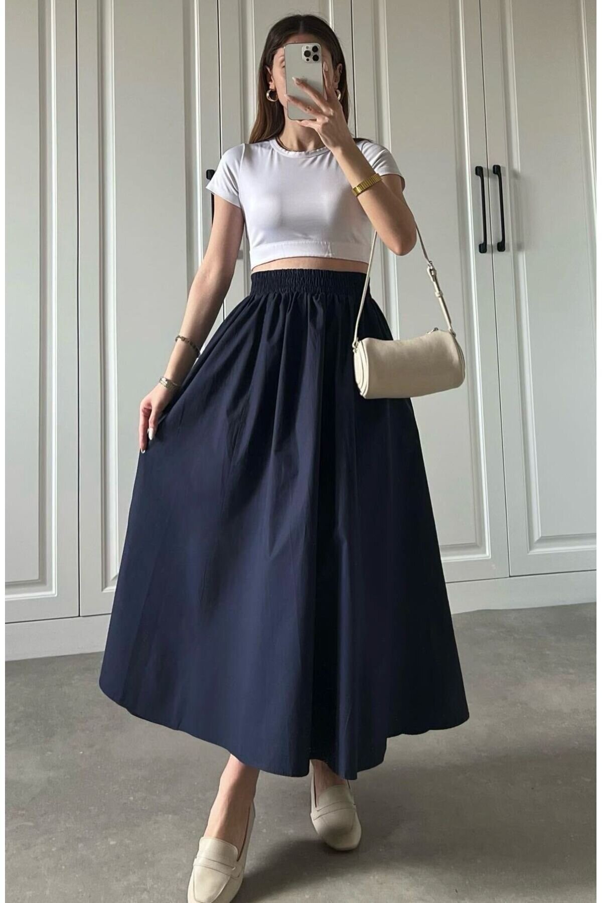 Elastic-Waist Poplin Double-Pocketed Skirt - Navy Blue - Safgiyim44