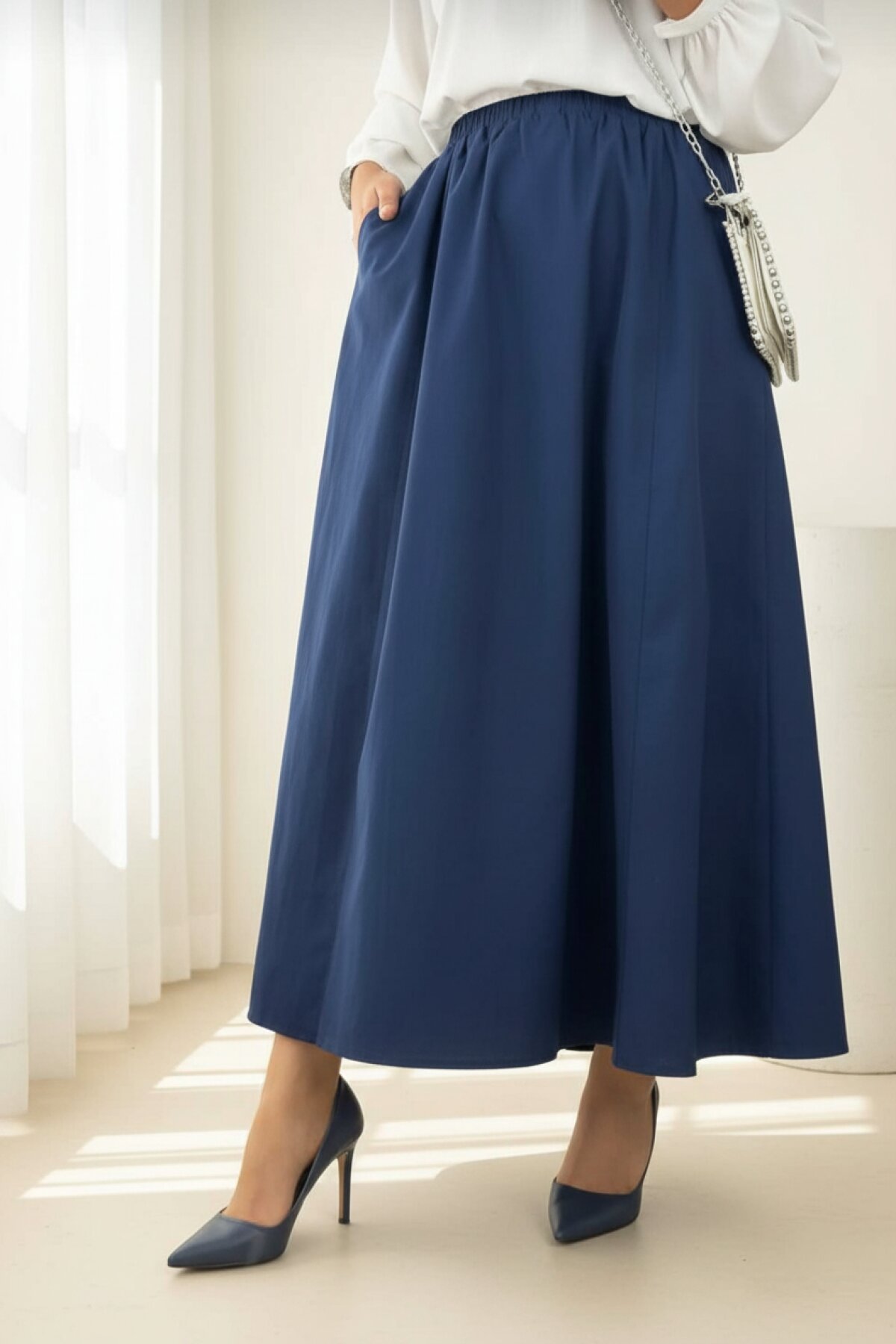 Poplin Elastic-Waist Double-Pocket Skirt - Navy Blue - Safgiyim44