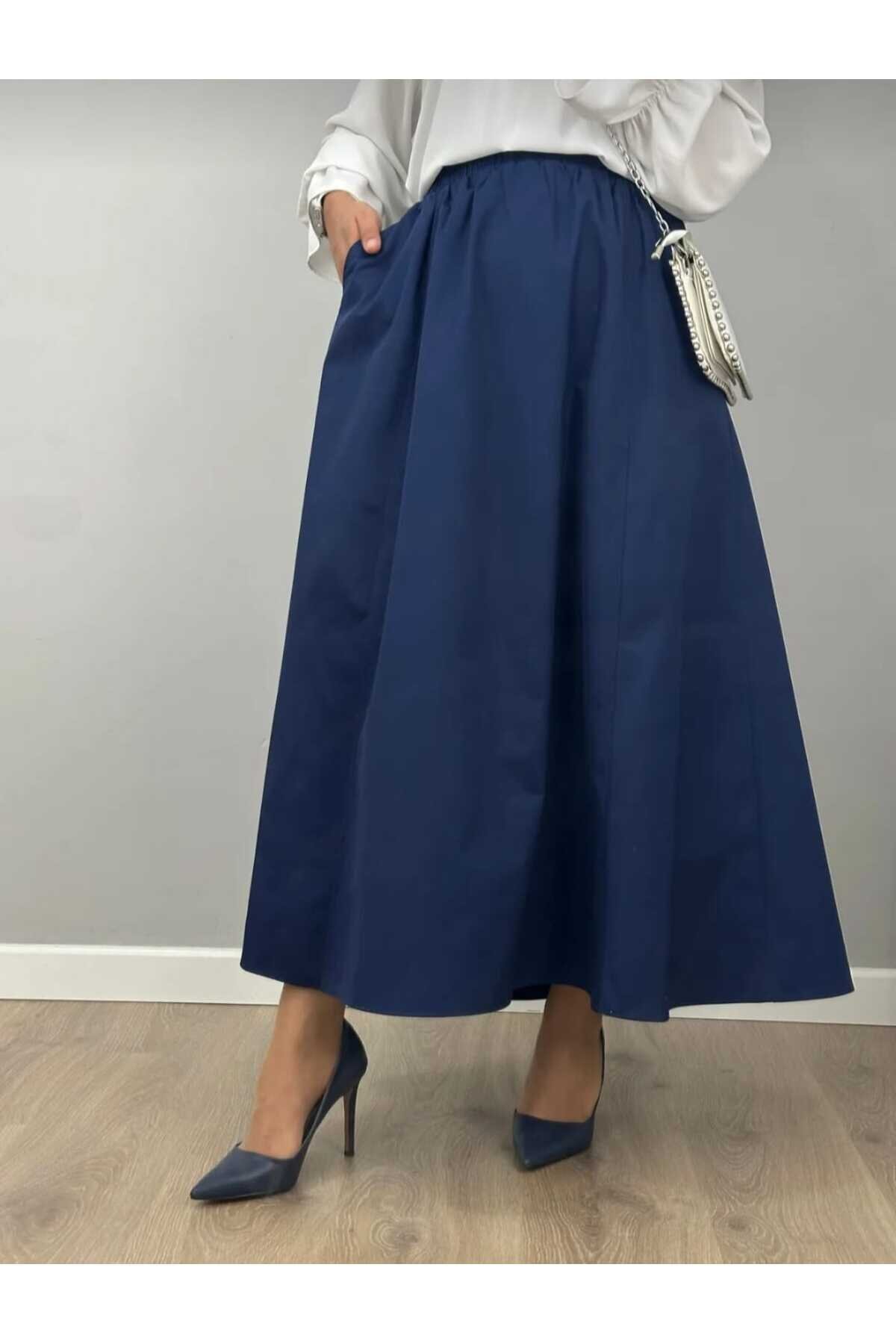 Poplin Elastic-Waist Double-Pocket Skirt - Navy Blue - Safgiyim44