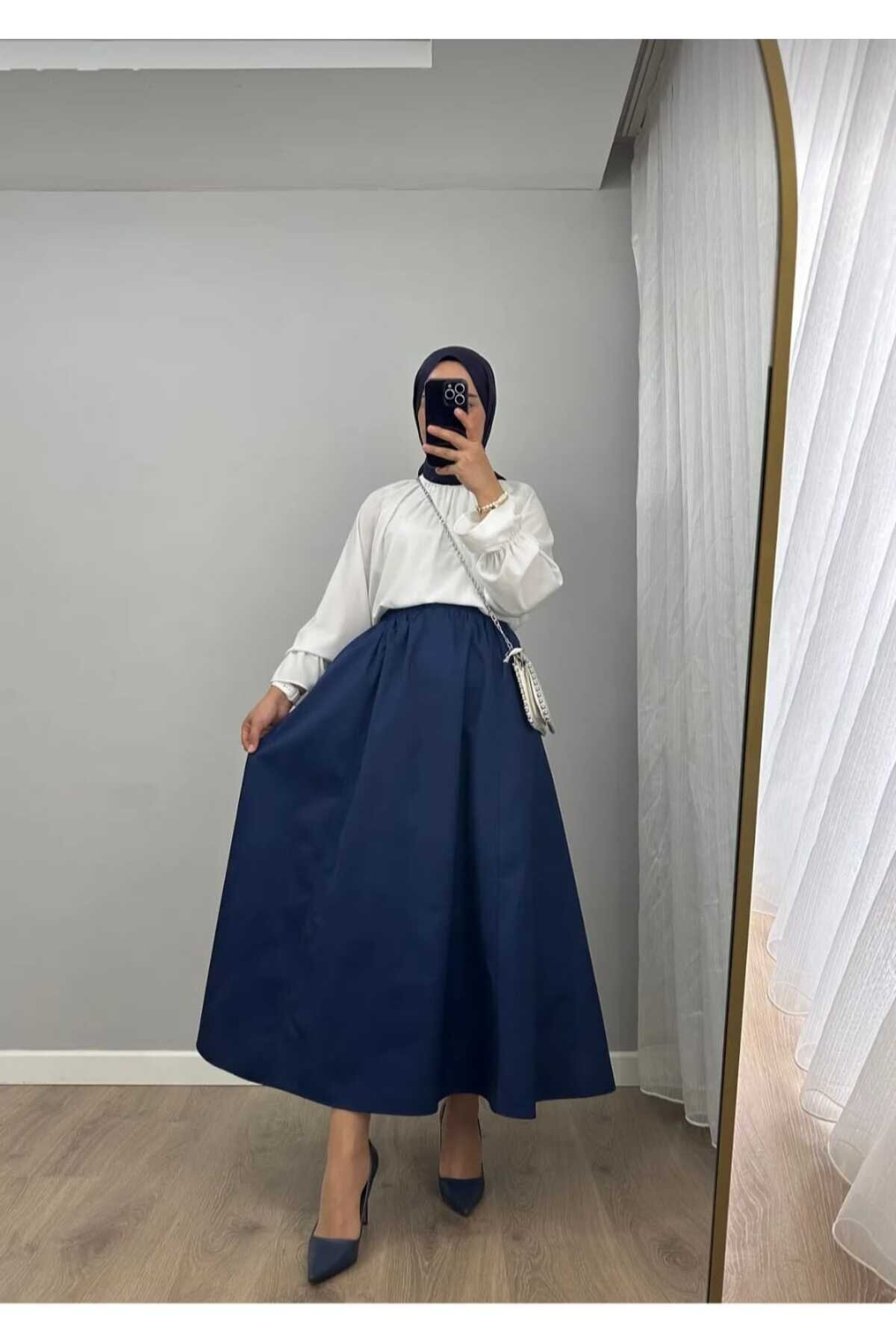 Poplin Elastic-Waist Double-Pocket Skirt - Navy Blue - Safgiyim44