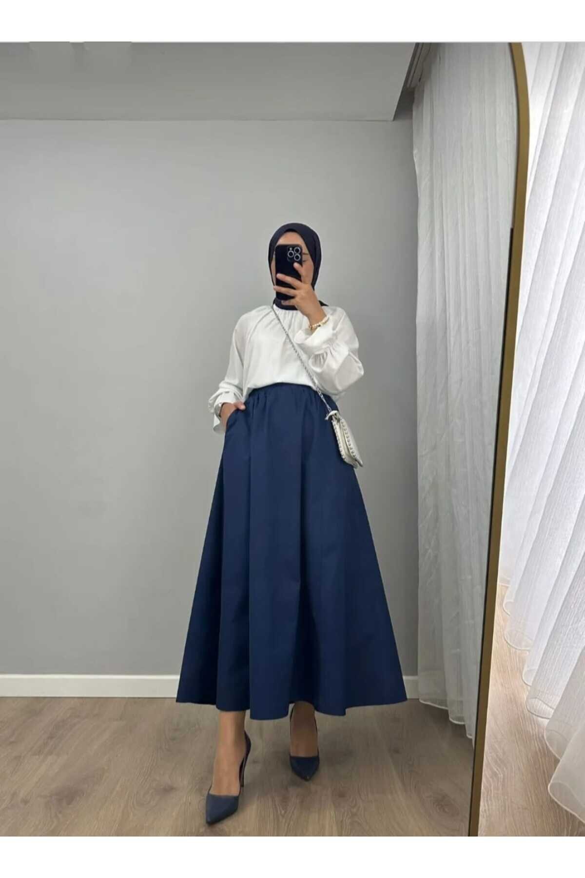 Poplin Elastic-Waist Double-Pocket Skirt - Navy Blue - Safgiyim44