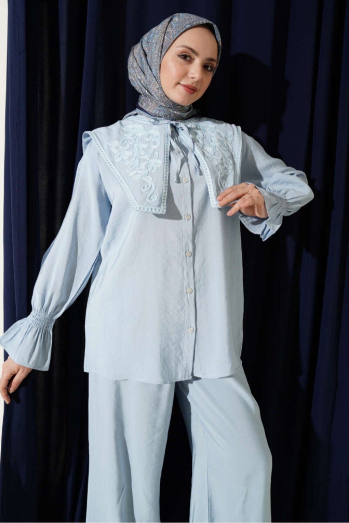 Embroidered Modal Double Collar Shirred Cuff Set - Blue - Safgiyim44