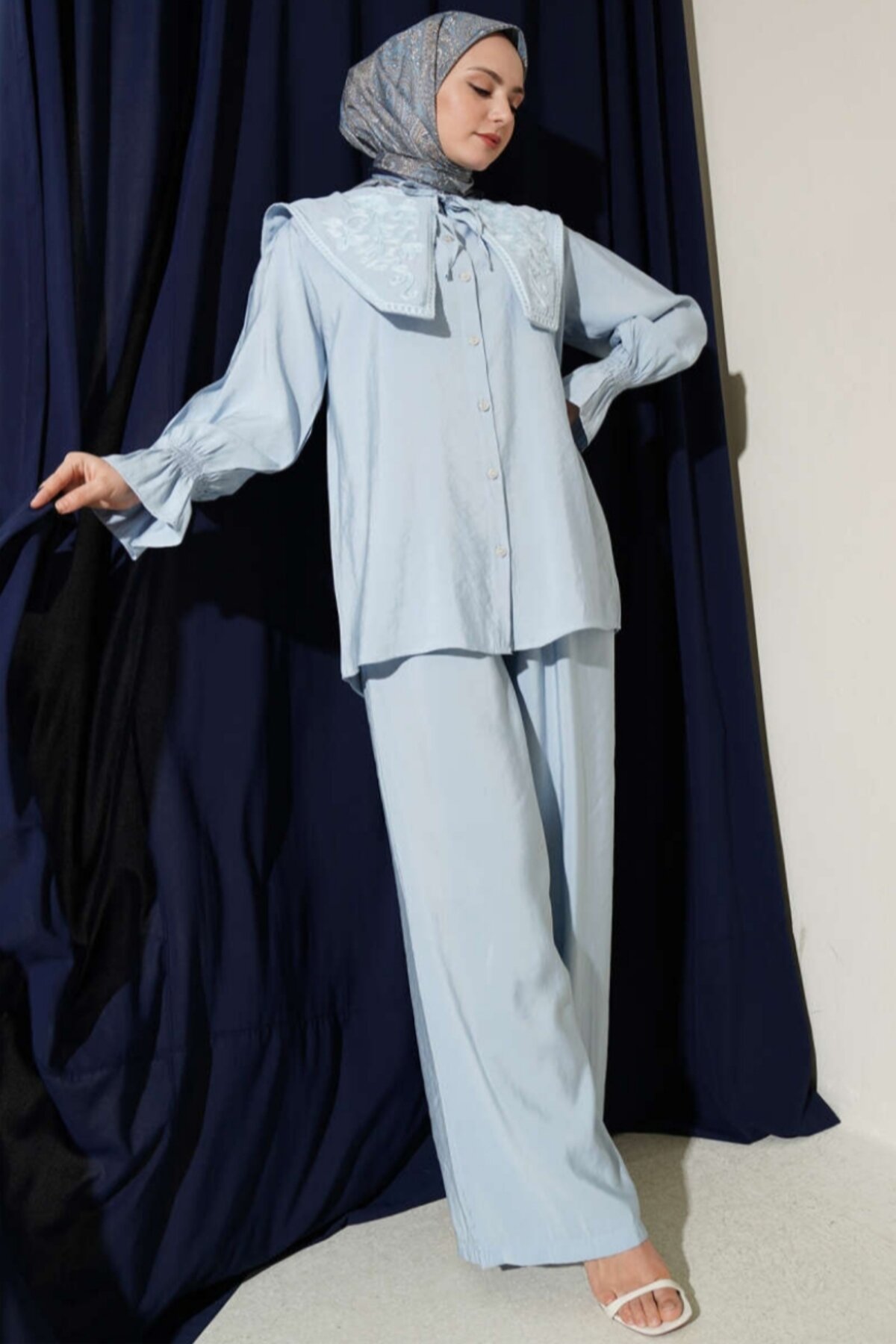 Embroidered Modal Double Collar Shirred Cuff Set - Blue - Safgiyim44