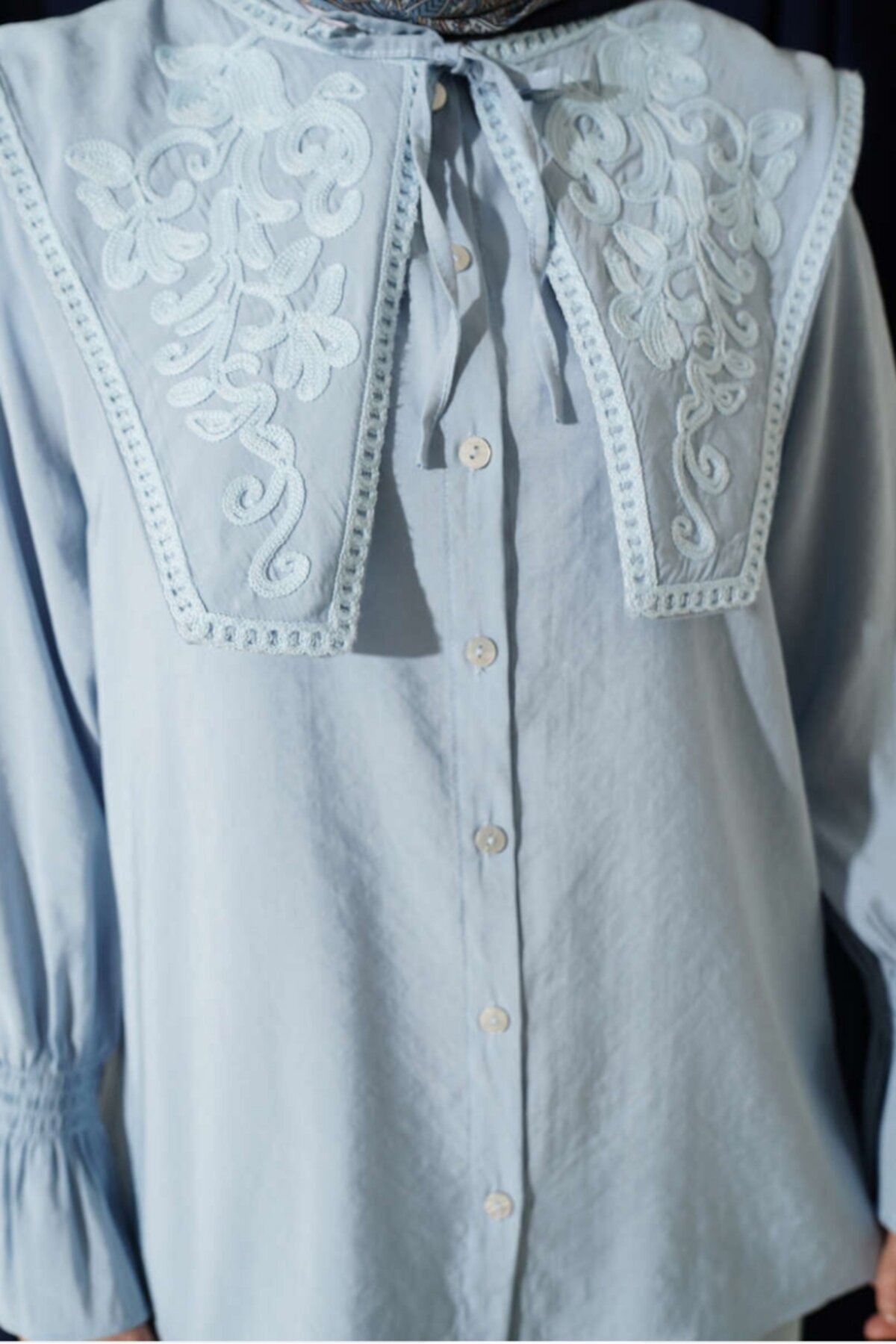 Embroidered Modal Double Collar Shirred Cuff Set - Blue - Safgiyim44