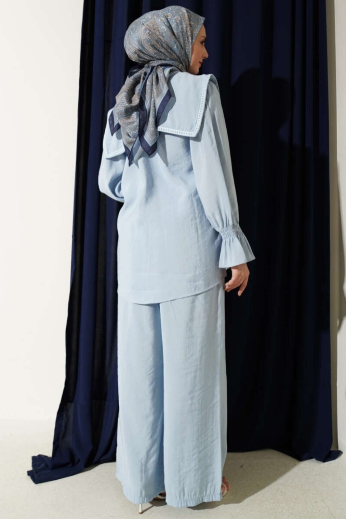Embroidered Modal Double Collar Shirred Cuff Set - Blue - Safgiyim44
