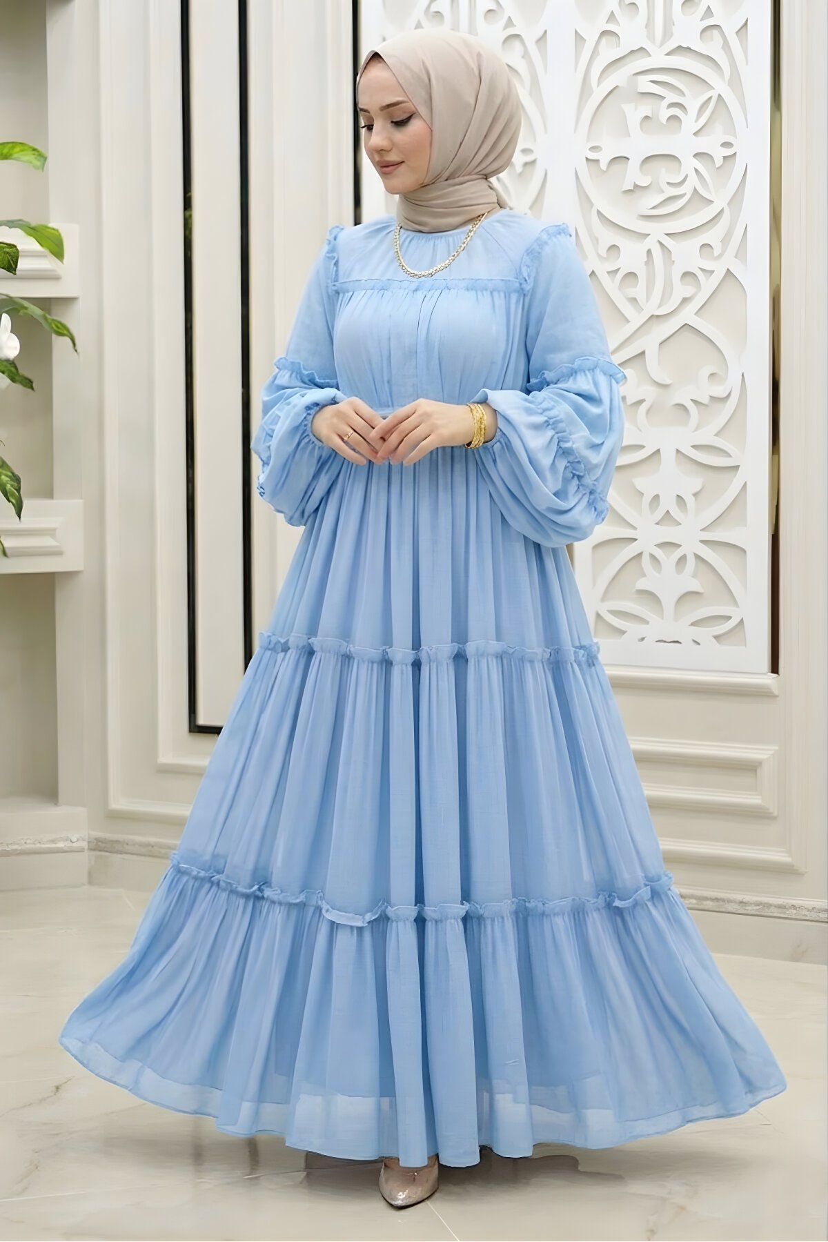 فستان أزرق شيفون مكشكش - Safgiyim44