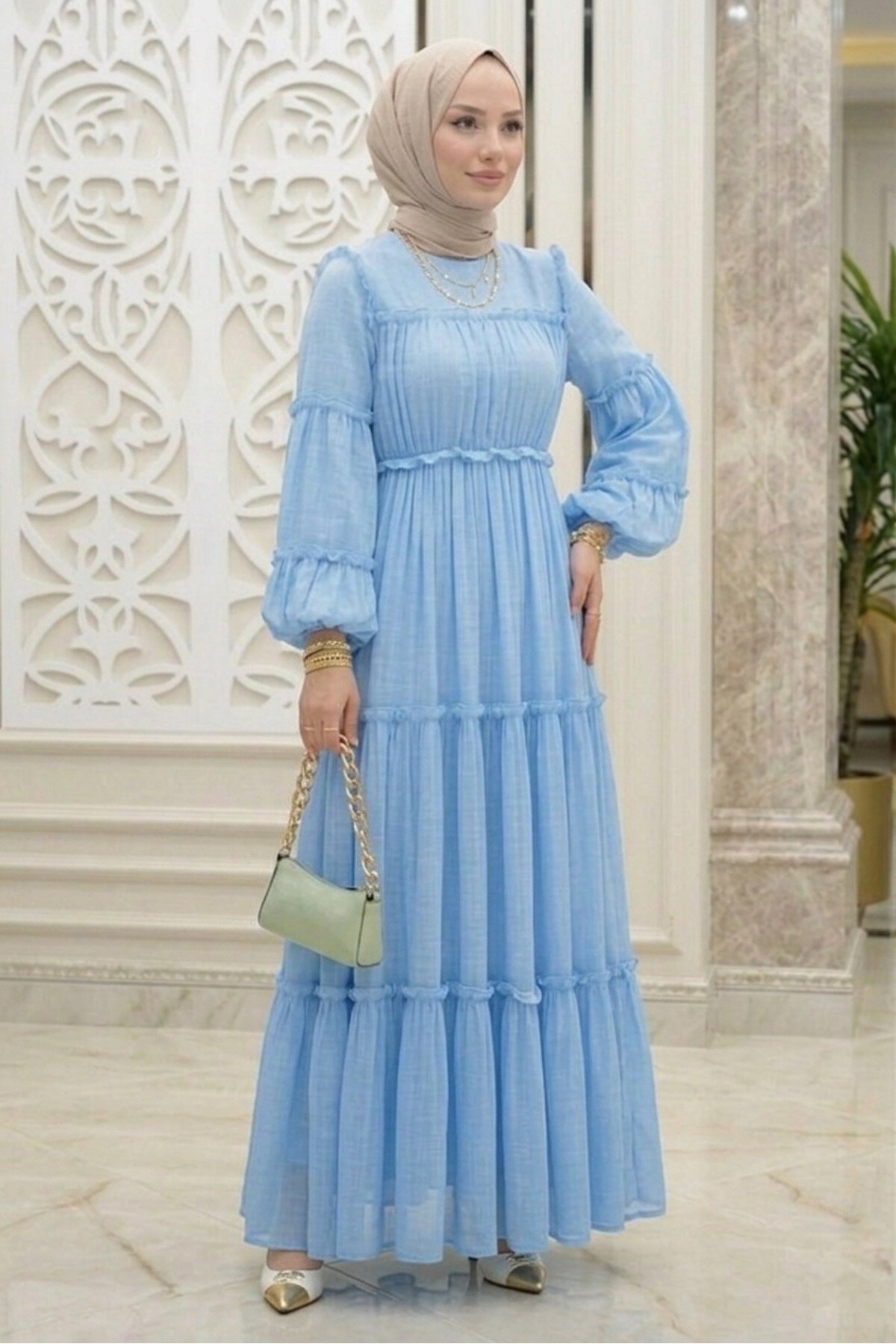 Chiffon Ruffled Dress - Blue - Safgiyim44