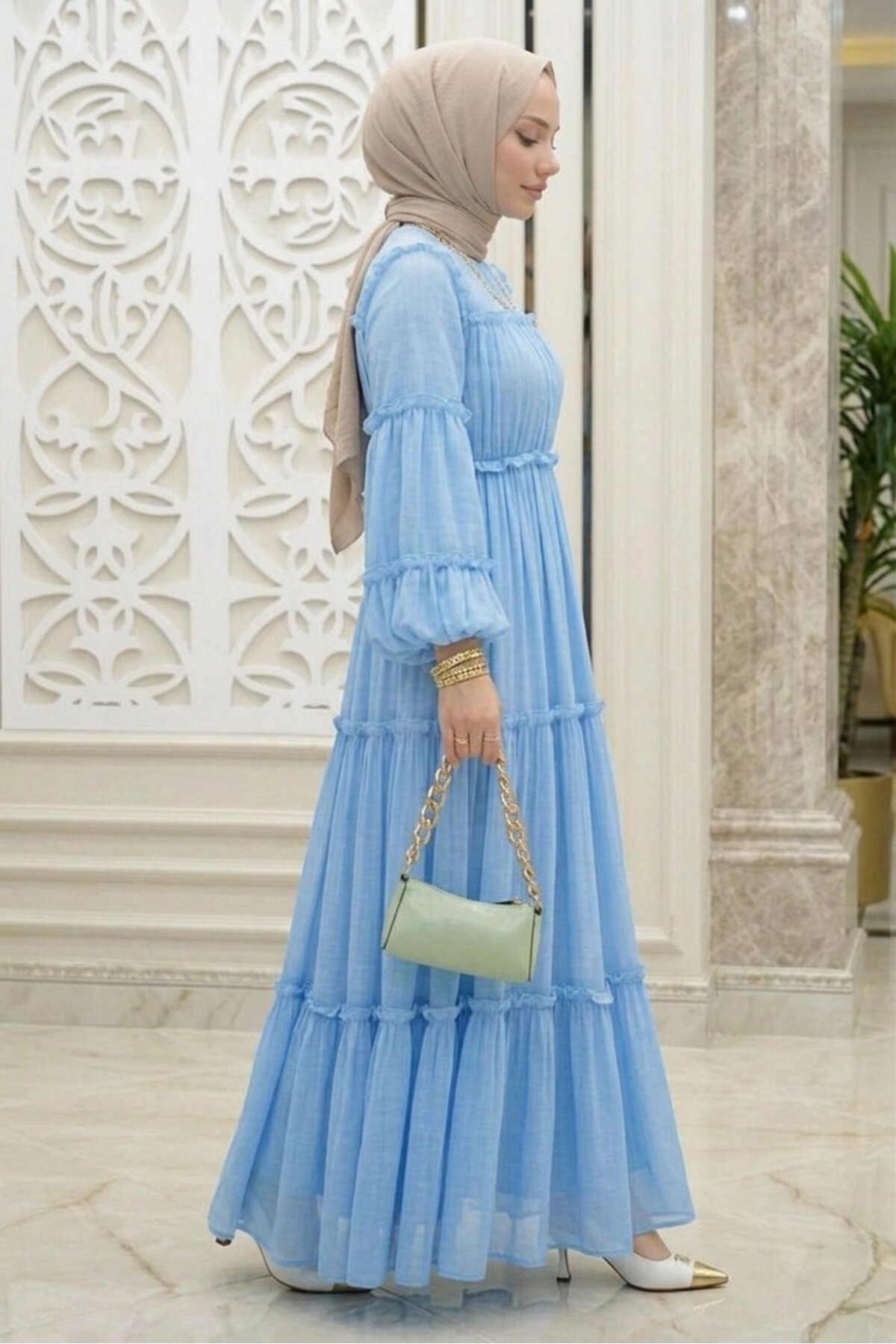 Chiffon Ruffled Dress - Blue - Safgiyim44