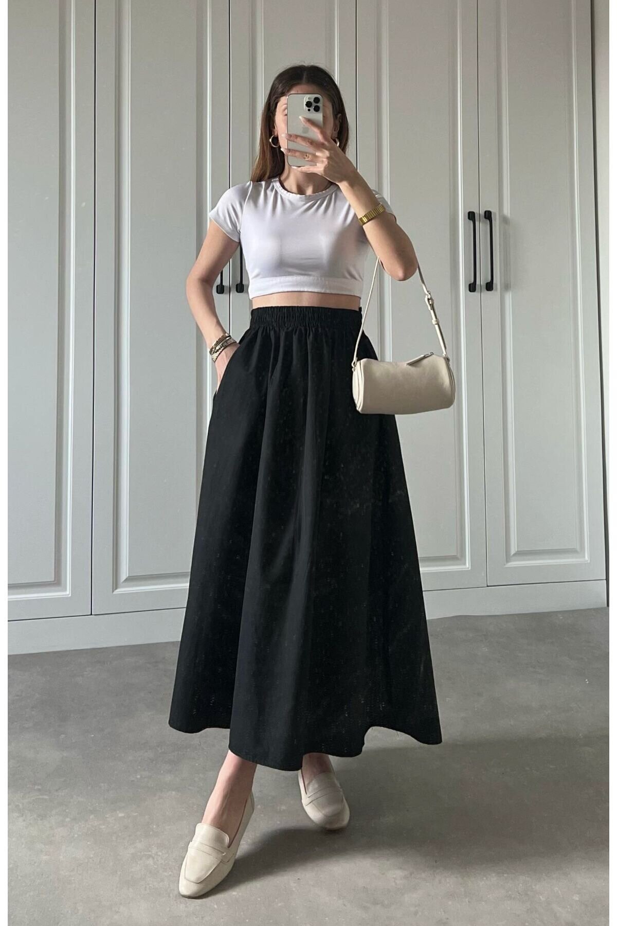 Poplin Elasticated-Waist Double-Pocket Skirt - Black - Safgiyim44