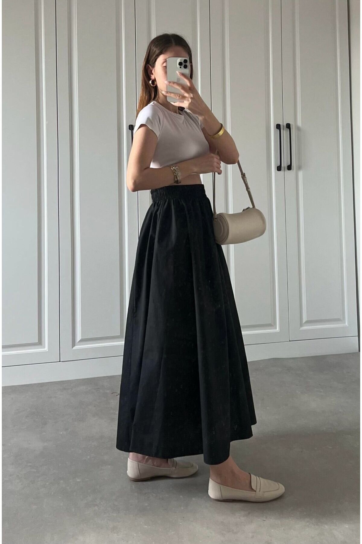 Poplin Elasticated-Waist Double-Pocket Skirt - Black - Safgiyim44