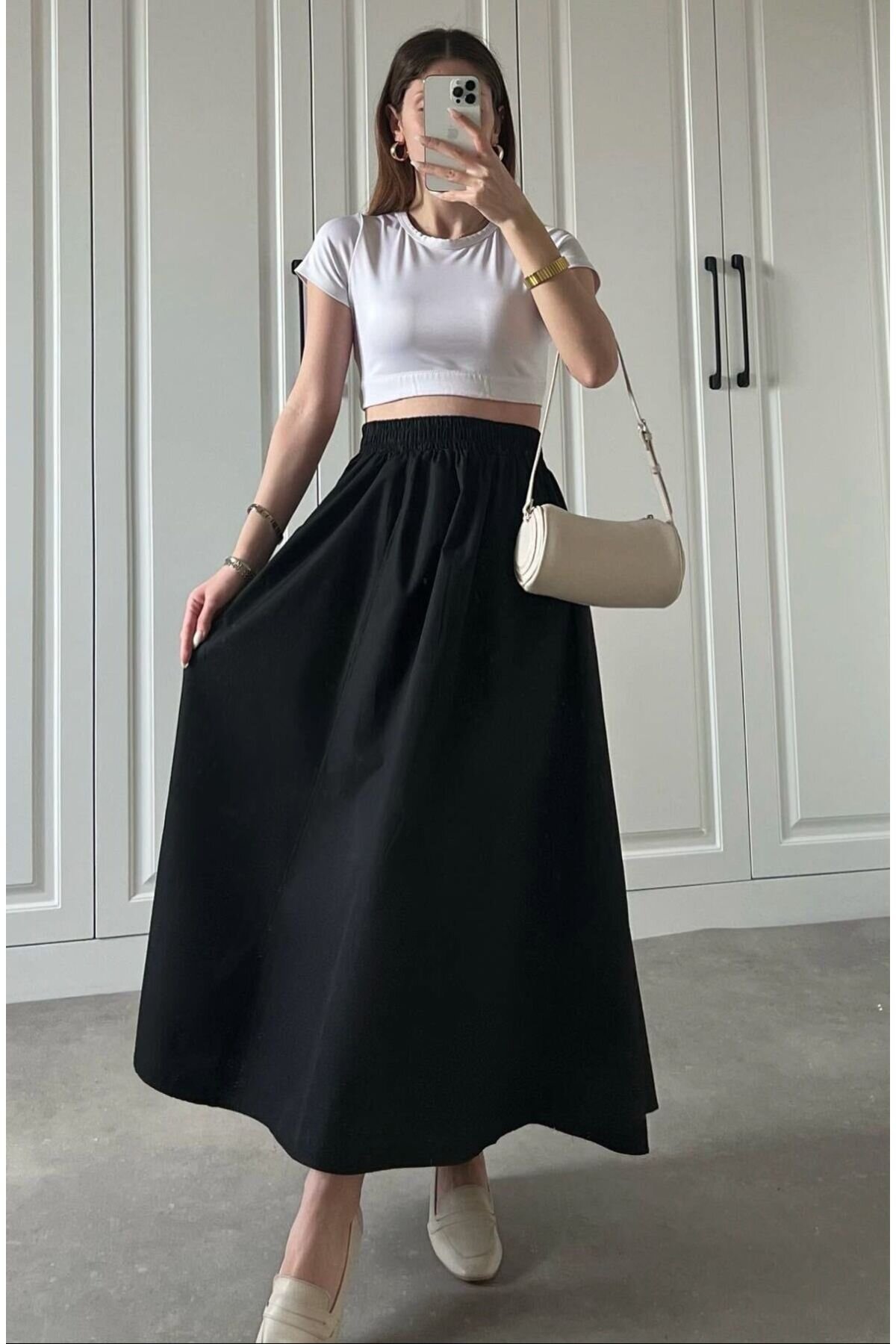 Poplin Elasticated-Waist Double-Pocket Skirt - Black - Safgiyim44