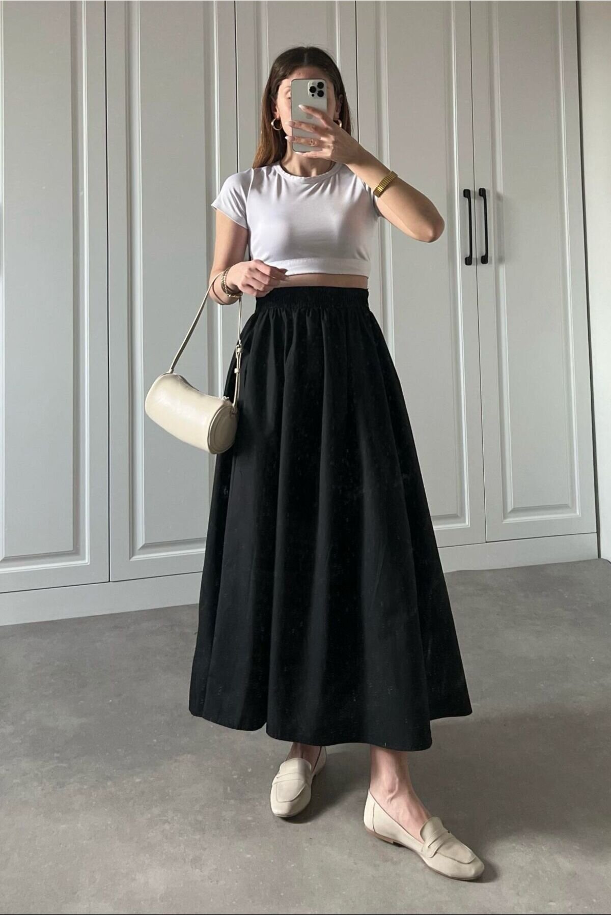 Poplin Elasticated-Waist Double-Pocket Skirt - Black - Safgiyim44