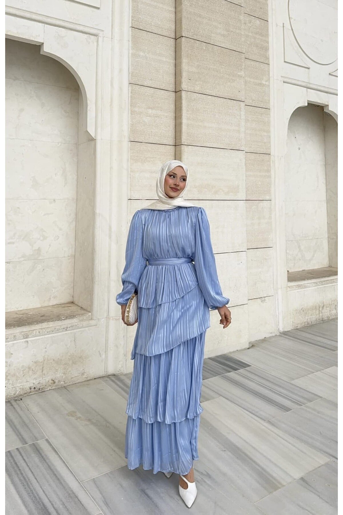 Belted Ruffle-Detail Chiffon Modest Dress - Baby Blue - THEK BUTİK
